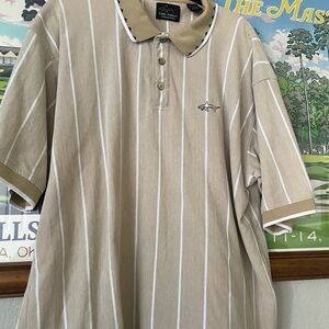 Greg Norman Collection Vintage Golf Polo Tan Beige Stripe Shark Logo